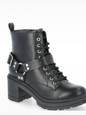 NOBO Black Lace-Up Chunky Heel Combat Boots with Buckle Strap